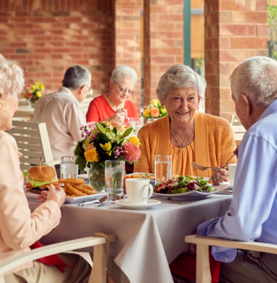 group of well-dressed seniors smile while dining outdoors together and conversing